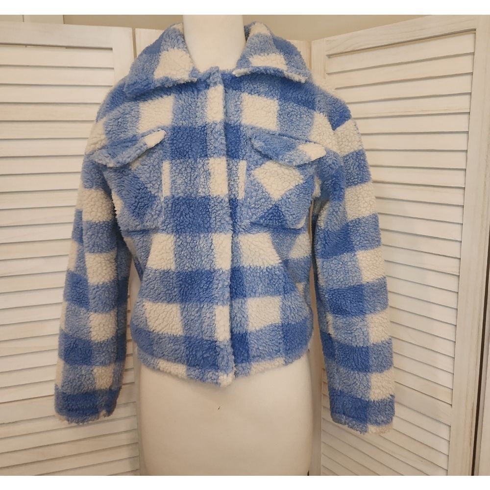 Jason Maxwell Blue and White Plaid Fleece Jacket Size S